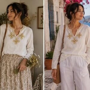 Carol Little Linen Blend Embroidered Tunic Top Sz M White Gold Boho Resort Vacay
